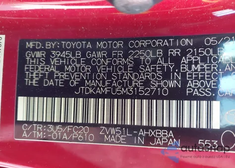 2021 Toyota Prius L Eco from USA, damaged, VIN JTDKAMFU5M3152710